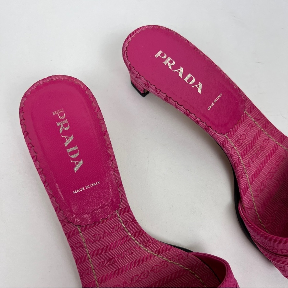 Prada Y2K 2000s Pink Logo Plaque Kitten Heel Sandals - Picture 3 of 6